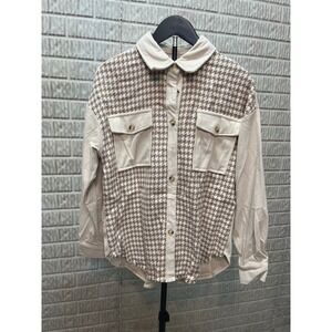 Shacket Houndstooth Corduroy Patch Pocket Button Down Long Sleeve Shirt Top